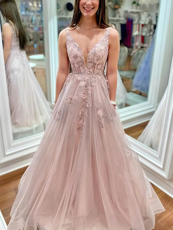 A-line V-neck Tulle Sweep Train Prom Dresses With Appliques Lace #UKM020114223