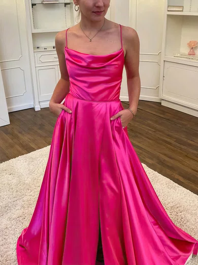A-line Cowl Neck Silk-like Satin Sweep Train Prom Dresses With Split Front #UKM020114227