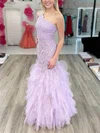 Sheath/Column One Shoulder Tulle Floor-length Prom Dresses With Appliques Lace #UKM020114228