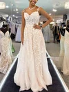 A-line V-neck Tulle Sweep Train Prom Dresses With Appliques Lace #UKM020114230