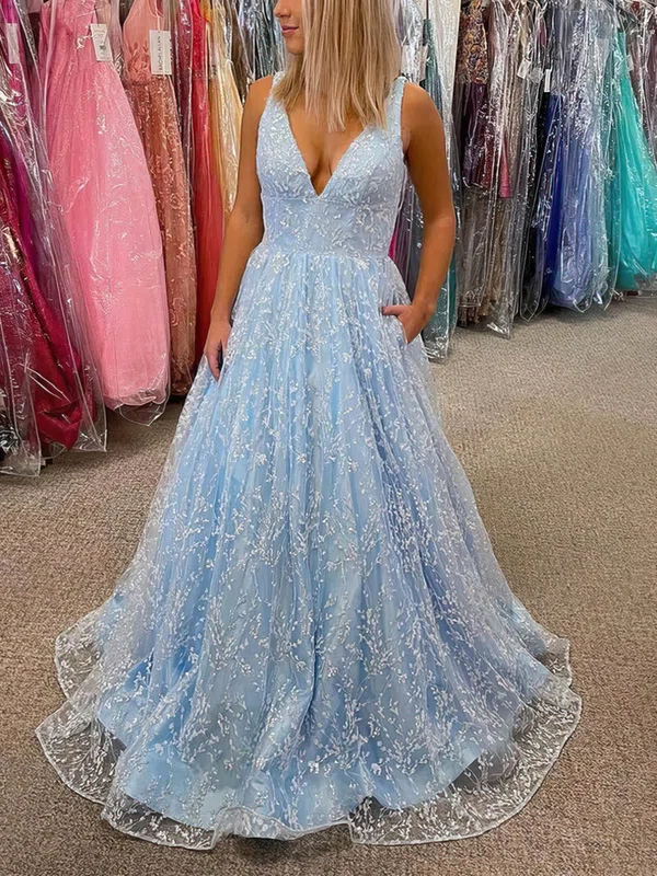 Princess V-neck Glitter Sweep Train Prom Dresses With Pockets #UKM020114232