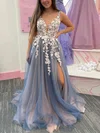 A-line V-neck Tulle Sweep Train Prom Dresses With Flower(s) #UKM020114236