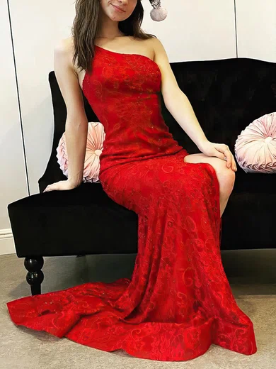Sheath/Column One Shoulder Lace Sweep Train Prom Dresses With Beading #UKM020114238