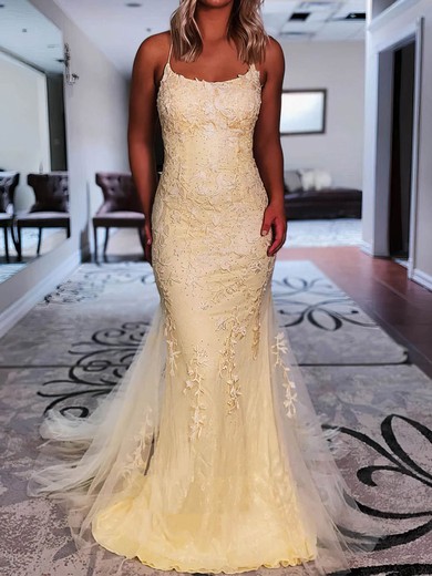 Mermaid Scoop Neck Tulle Beaded Prom Dresses With Appliques #UKM020114240