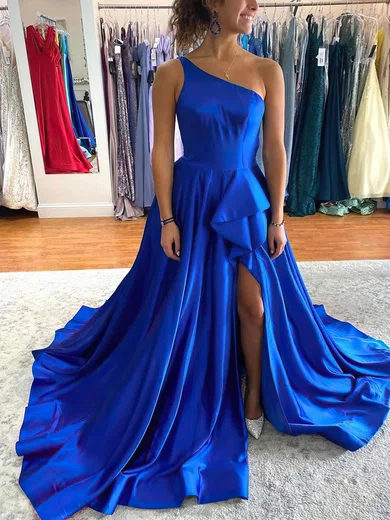 Ball Gown One Shoulder Satin Sweep Train Prom Dresses With Cascading Ruffles #UKM020114247
