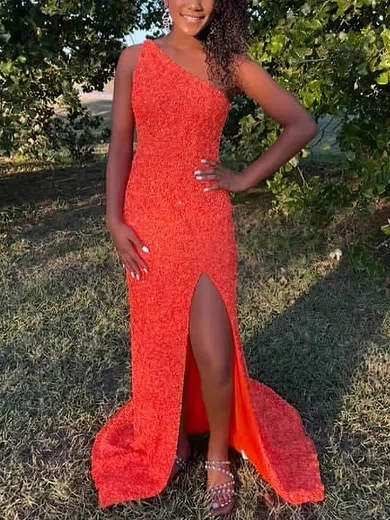 Sheath/Column One Shoulder Sequined Sweep Train Prom Dresses With Split Front #UKM020114249