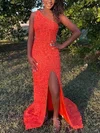 Sheath/Column One Shoulder Sequined Sweep Train Prom Dresses With Split Front #UKM020114249