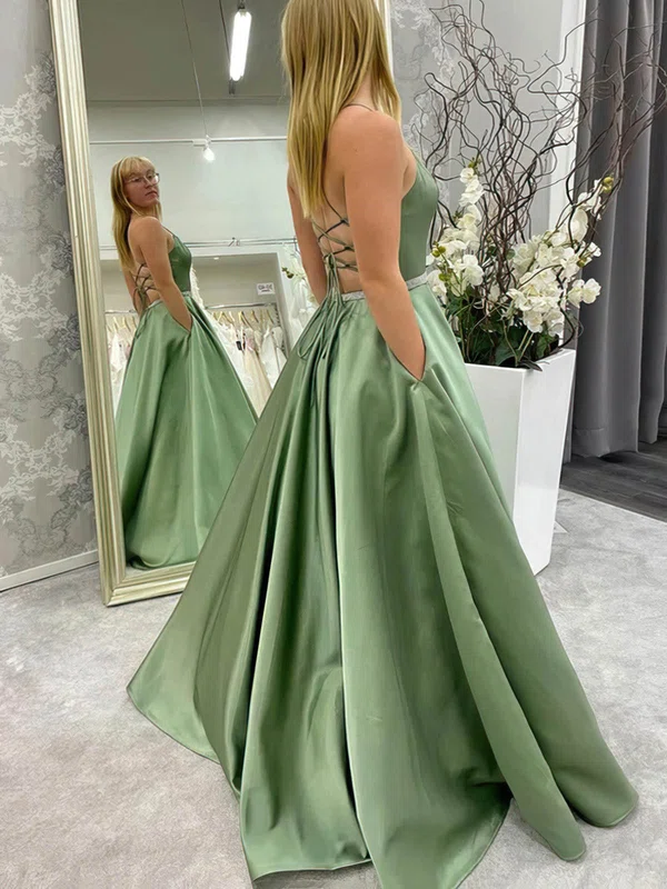 Ball Gown Scoop Neck Satin Floor-length Prom Dresses With Pockets #UKM020114252