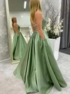 Ball Gown Scoop Neck Satin Floor-length Prom Dresses With Pockets #UKM020114252