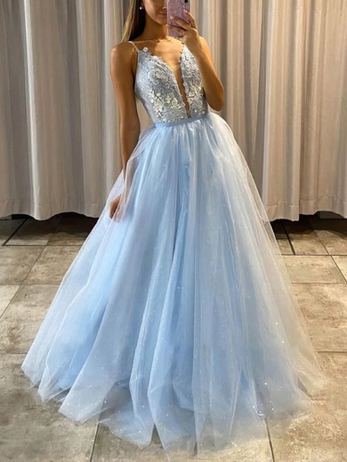 Princess V-neck Tulle Glitter Floor-length Prom Dresses With Appliques Lace #UKM020114254