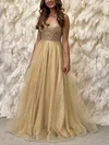 A-line V-neck Tulle Glitter Floor-length Prom Dresses #UKM020114257