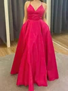 A-line V-neck Satin Floor-length Prom Dresses With Pockets #UKM020114258
