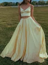A-line V-neck Satin Floor-length Prom Dresses #UKM020114269
