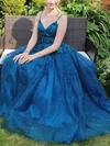 A-line V-neck Tulle Glitter Sweep Train Prom Dresses With Appliques Lace #UKM020114271