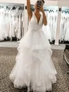 Princess V-neck Tulle Glitter Floor-length Prom Dresses With Cascading Ruffles #UKM020114273
