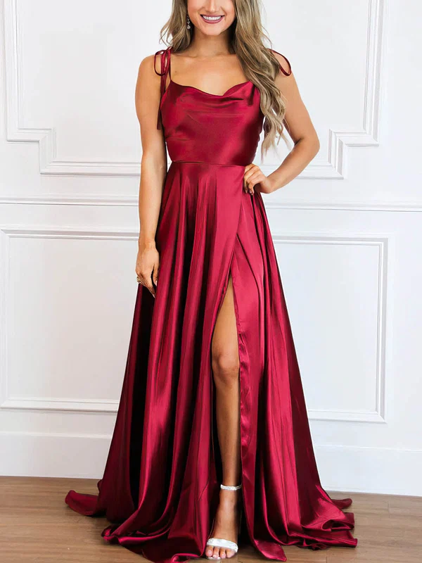 A-line Sweep Train Cowl Neck Silk-like Satin Split Front Prom Dresses #UKM020114276