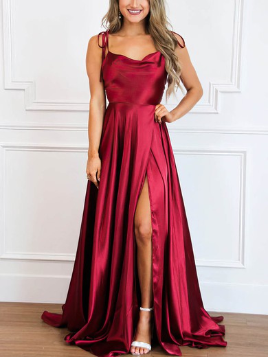 A-line Cowl Neck Silk-like Satin Sweep Train Prom Dresses With Split Front #UKM020114276