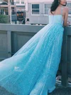 A-line Scoop Neck Tulle Sweep Train Prom Dresses With Beading #UKM020114282