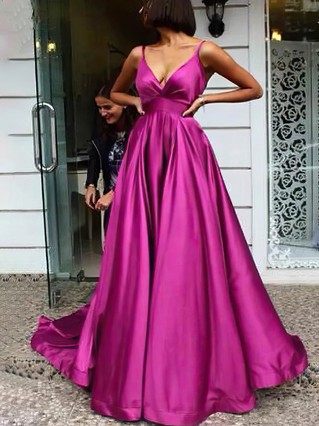 A-line V-neck Satin Sweep Train Pockets Prom Dresses | MillyBridal