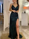 Sheath/Column V-neck Sequined Sweep Train Prom Dresses With Split Front #UKM020114291