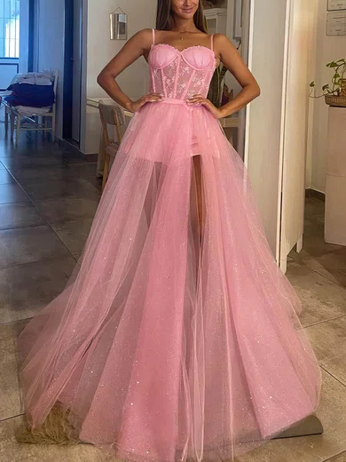 Sheath/Column Sweetheart Tulle Glitter Detachable Prom Dresses With Split Front #UKM020114292