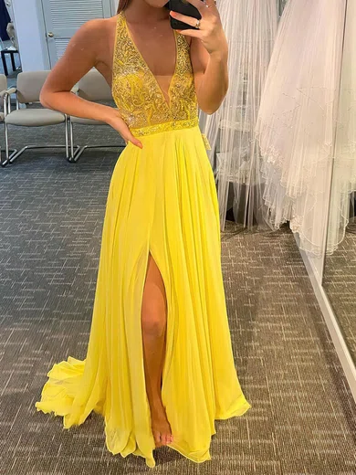 A-line V-neck Chiffon Cut Out Prom Dresses With Beading #UKM020114295