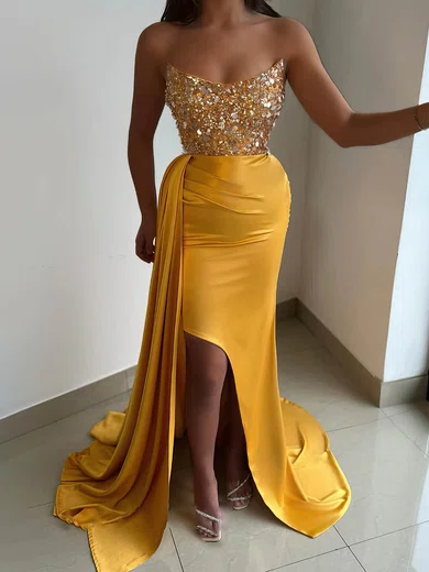 Sheath/Column Scoop Neck Sequined Silk-like Satin Sweep Train Prom Dresses With Split Front #UKM020114296