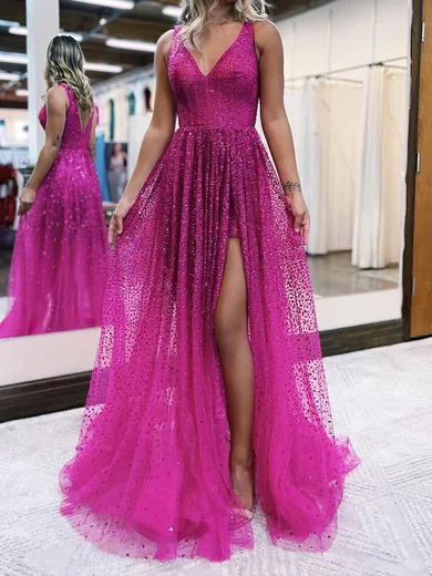 A-line V-neck Tulle Beaded Prom Dresses With Ruched #UKM020114297