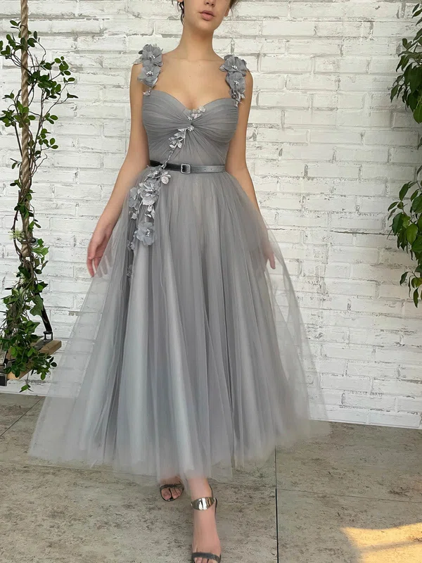 Ball Gown/Princess V-neck Tulle Ankle-length Prom Dresses With Flower(s) #UKM020114298