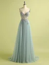 A-line V-neck Tulle Sweep Train Prom Dresses With Beading #UKM020114304