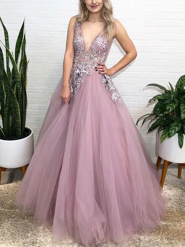 Ball Gown V-neck Tulle Floor-length Prom Dresses With Appliques Lace #UKM020114309