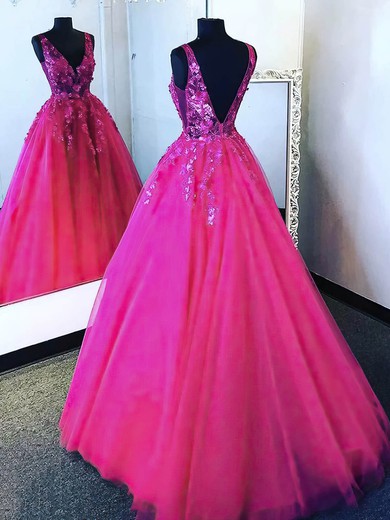 Ball Gown V-neck Tulle Sweep Train Prom Dresses With Appliques Lace #UKM020114310