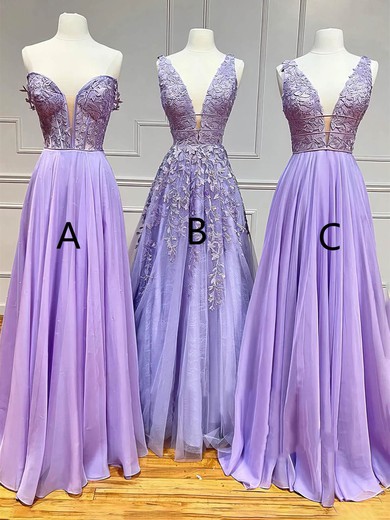 A-line Off-the-shoulder Tulle Floor-length Prom Dresses With Appliques Lace #UKM020114314