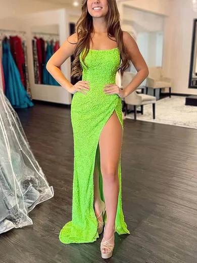 Sheath/Column Scoop Neck Sequined Sweep Train Prom Dresses With Split Front #UKM020114319