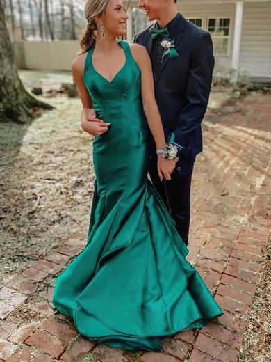 Trumpet/Mermaid V-neck Satin Sweep Train Prom Dresses With Cascading Ruffles #UKM020114320