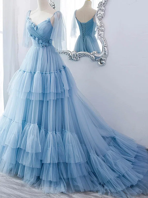 Ball Gown V-neck Tulle Sweep Train Prom Dresses With Tiered #UKM020114327