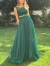 A-line Scoop Neck Lace Tulle Floor-length Prom Dresses With Appliques Lace #UKM020114336