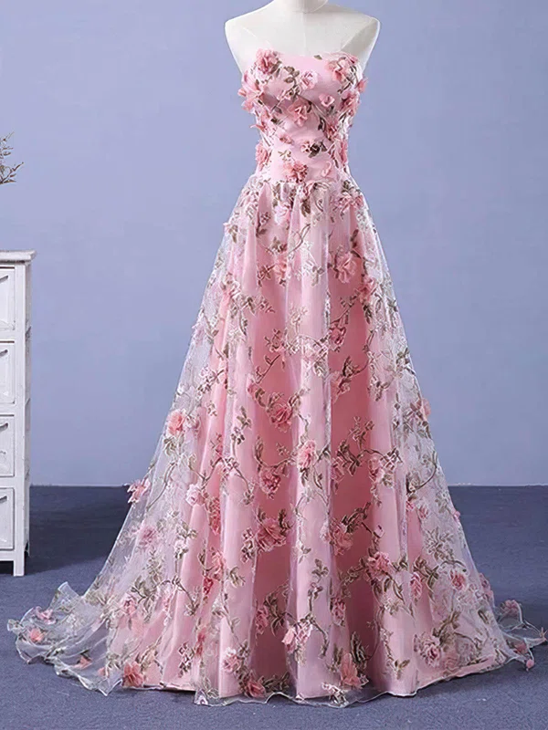Ball Gown Strapless Tulle 3D Floral Prom Dresses #UKM020114338