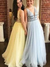 A-line V-neck Tulle Floor-length Prom Dresses With Appliques Lace #UKM020114340