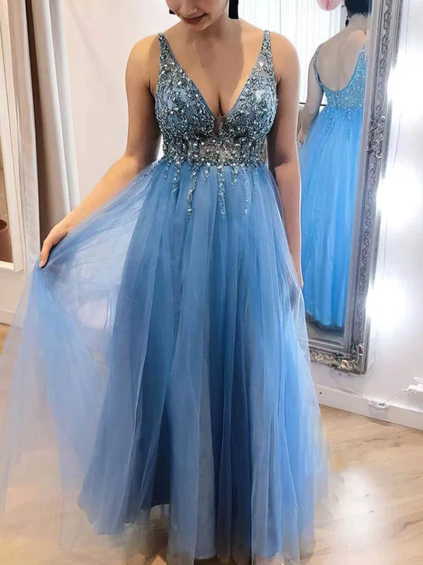 A-line V-neck Tulle Floor-length Prom Dresses With Beading #UKM020114341