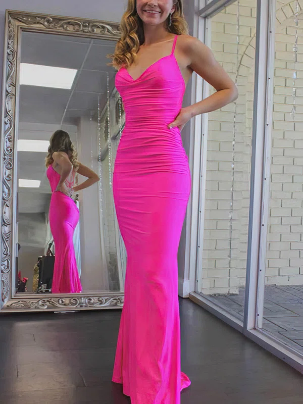 Sheath/Column V-neck Jersey Floor-length Prom Dresses With Ruffles #UKM020114348