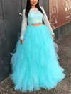 Ball Gown Scoop Neck Lace Tulle Sweep Train Prom Dresses With Tiered #UKM020114350