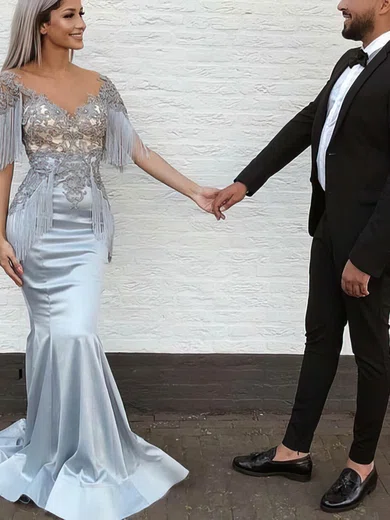 Trumpet/Mermaid Off-the-shoulder Satin Sweep Train Prom Dresses With Appliques Lace #UKM020114353