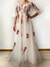 A-line Off-the-shoulder Tulle Floor-length Prom Dresses With Appliques Lace #UKM020114358