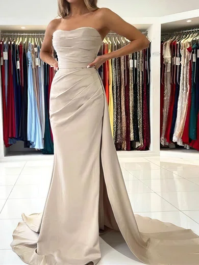 Sheath/Column Strapless Satin Prom Dresses With Ruched #UKM020114367
