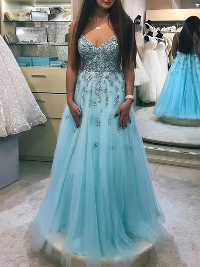 A-line V-neck Tulle Floor-length Prom Dresses With Beading #UKM020114373