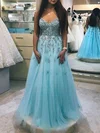 A-line V-neck Tulle Floor-length Prom Dresses With Beading #UKM020114373