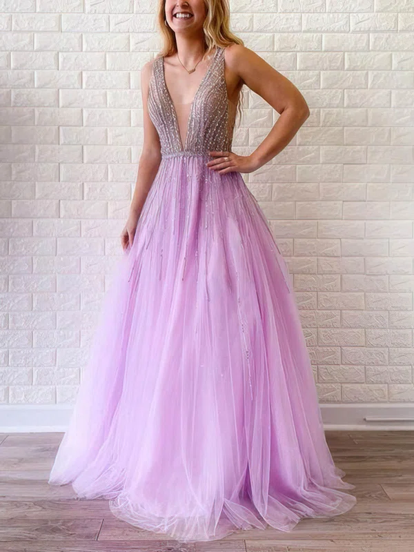 A-line V-neck Tulle Sweep Train Prom Dresses With Beading #UKM020114374