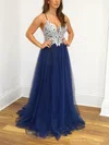 A-line V-neck Tulle Sweep Train Prom Dresses With Appliques Lace #UKM020114375