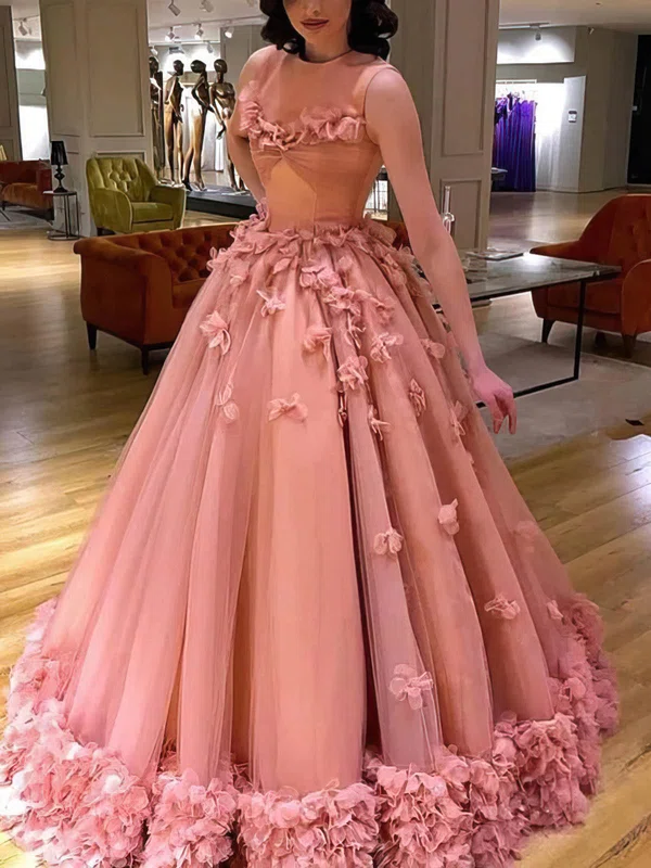 Ball Gown Scoop Neck Tulle Floor-length Prom Dresses With Flower(s) #UKM020114378